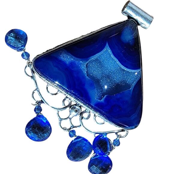 Blue Agate Sterling Silver Pendant with Dangle Beads and 20-Inch Chain - Picture 2 of 9
